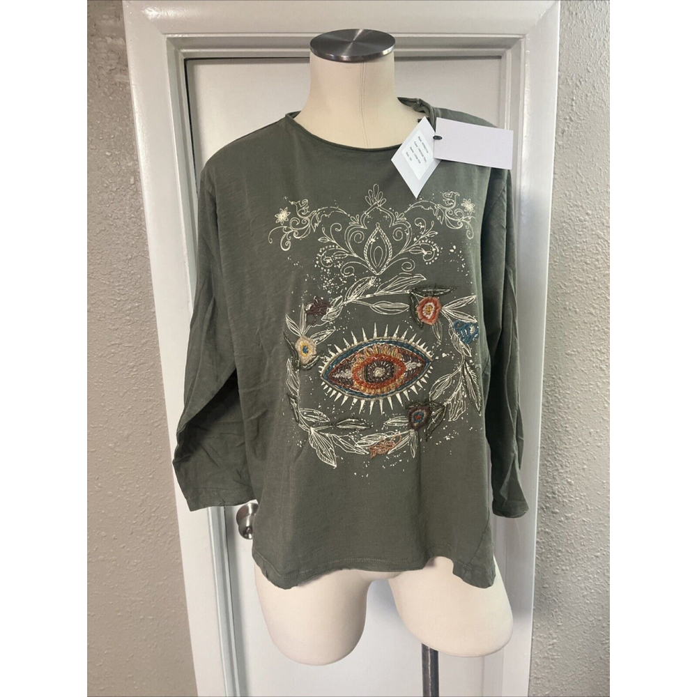 Women’s  Embroidered Blouse Green Distressed Kyla Seo comfort